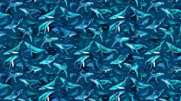 Northcott - Deep Blue - Whales - DP28122-48 (1/2 Yard)
