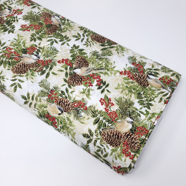 Holiday Spice - Birds on Small Poinsettia Bouquets - CM8514 (1/2 Yard)