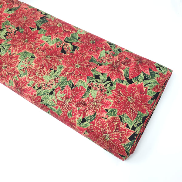 Holiday Spice - Packed Metallic Poinsettias With Leaves - CM8516 (1/2 Yard)