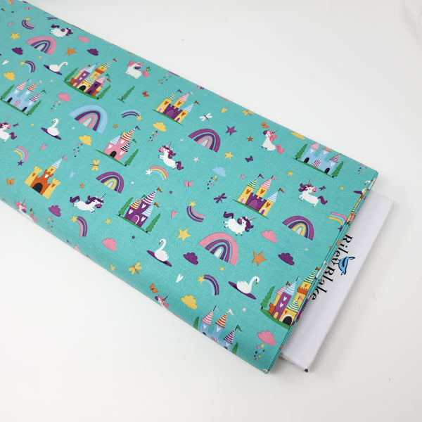 Riley Blake - Unicorn Kingdom - Main w/ sparkle - SC10470-Teal (1/2 Yard)