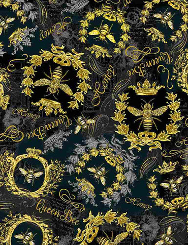 Queen Bee - Queen Bee Golden Crests - BEE-CD1355  BLACK (1/2 Yard)