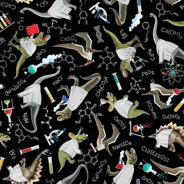 Math & Science - Scientist Dinosaurs in Lab Coats - DINO-CD1690  BLACK (1/2 Yard)