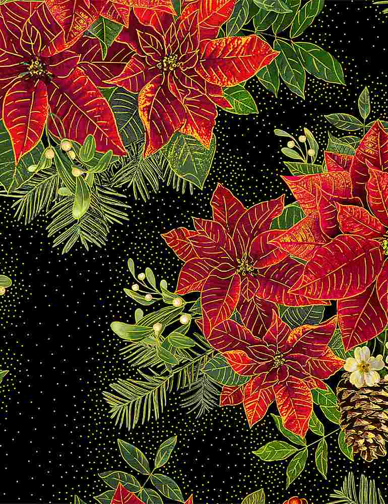 Holiday Spice - Large Metallic Poinsettia Bouquet - CM8512-Black (1/2 Yard)