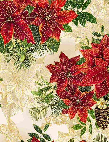 Holiday Spice - Large Metallic Poinsettia Bouquet - CM8512-Cream (1/2 Yard)