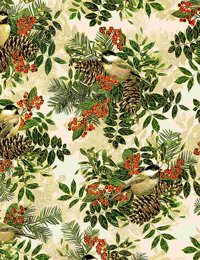 Holiday Spice - Birds on Small Poinsettia Bouquets - CM8514 (1/2 Yard)