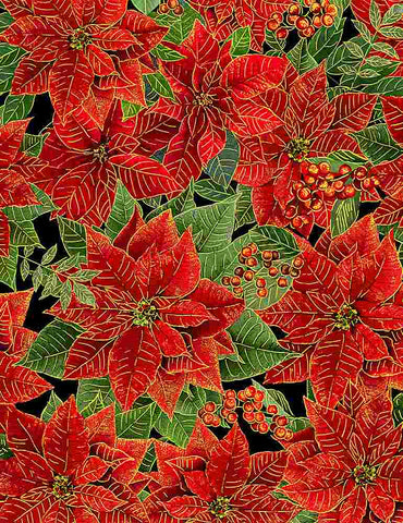 Holiday Spice - Packed Metallic Poinsettias With Leaves - CM8516 (1/2 Yard)