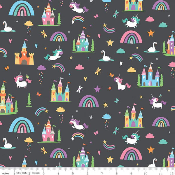 Riley Blake - Unicorn Kingdom - Main w/ sparkle - SC10470-Charcoal (1/2 Yard)